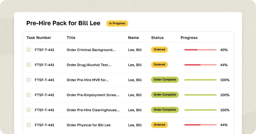 Dashboard showcasing Fleet Compliance Services with a pre-hire pack status for an individual, highlighting tasks such as criminal background checks, drug/alcohol tests, and employment screenings with progress indicators.