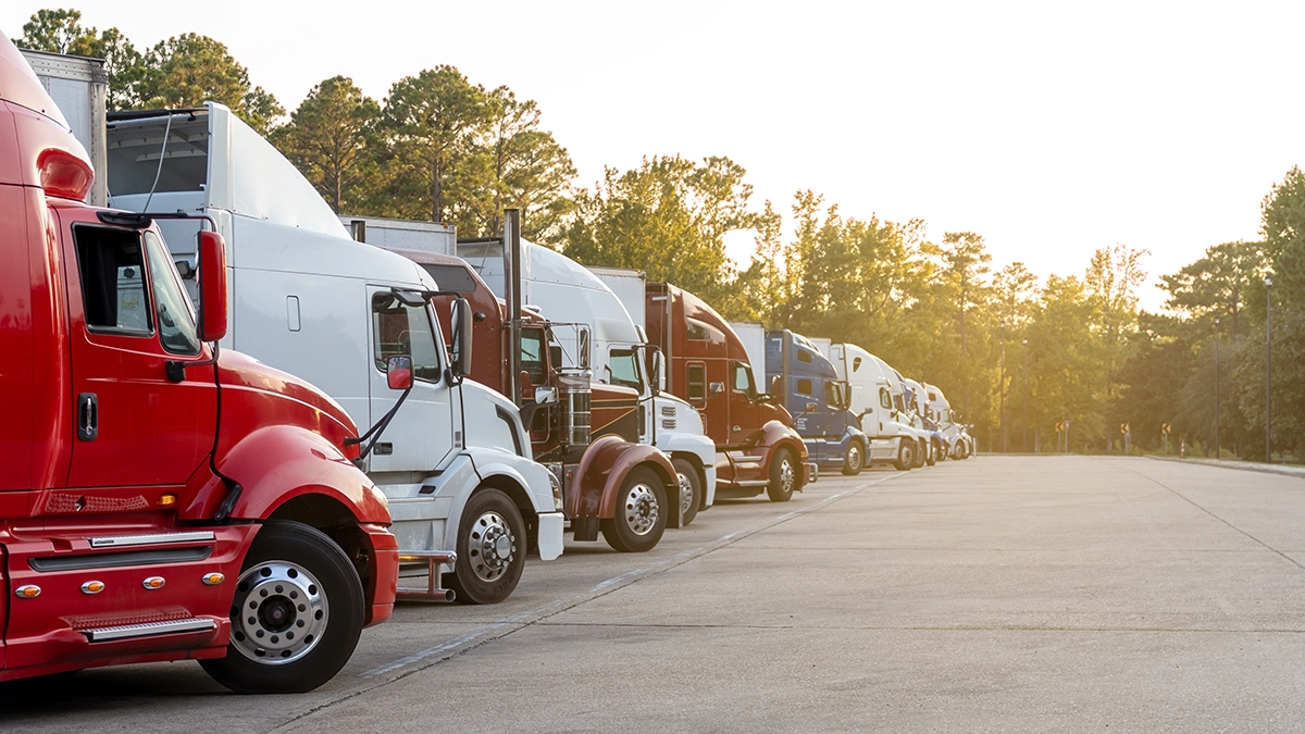 A row of semi-trucks parked at a rest area, representing fleet management and FMCSA compliance.