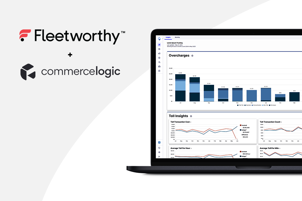 Fleetworthy and commercelogic logos together with a dashboard on the side