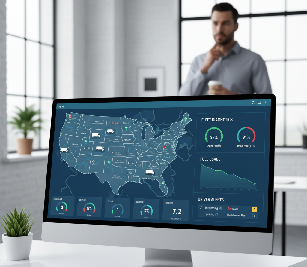 Computer screen showing fleet telematics system dashboard with map and analytics in an office