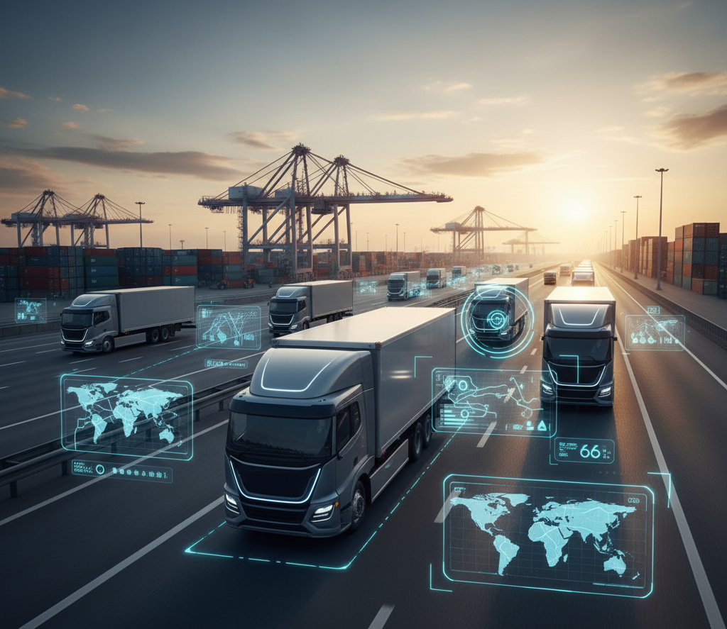 Trucks with AI systems on highway showcasing AI fleet management