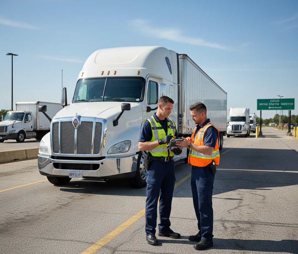 Officers performing FMCSA roadside inspection at weigh station