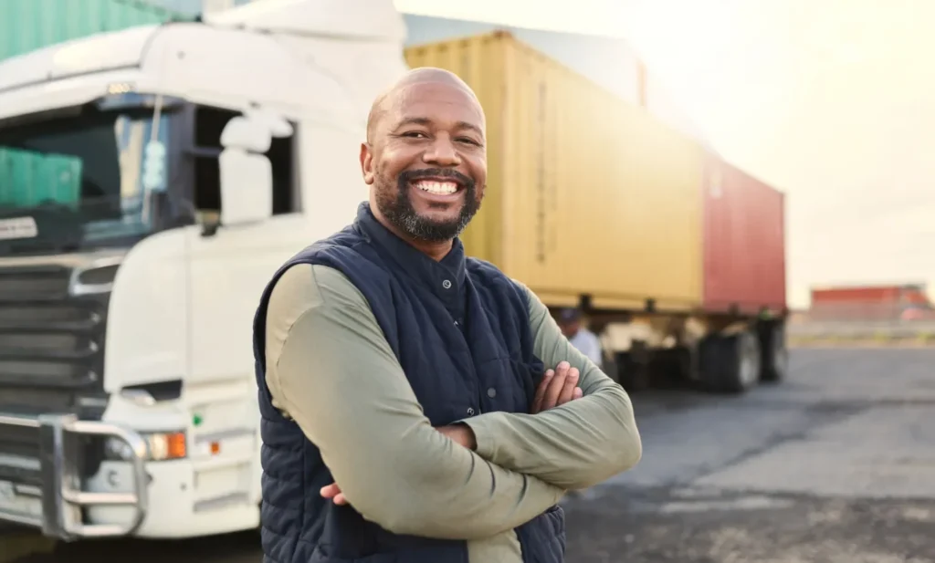 Professional commercial truck driver standing in front of a semi-truck and shipping containers, representing compliance, safety, and modern fleet operations.