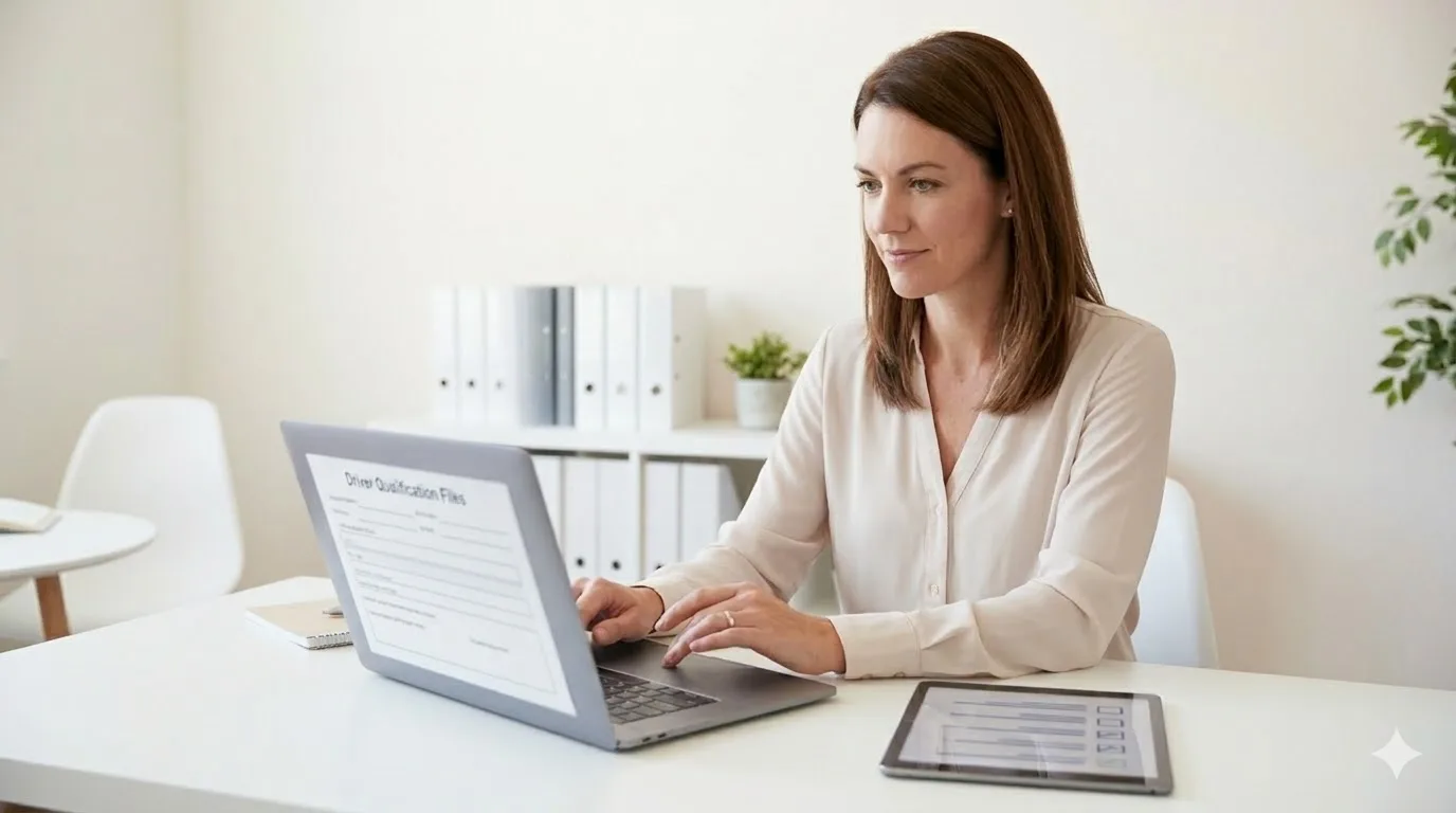 Woman using laptop for trucking company record keeping tasks.