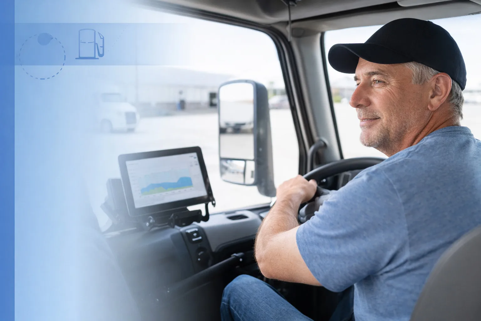 Truck driver using technology for fleet fuel efficiency and emissions compliance