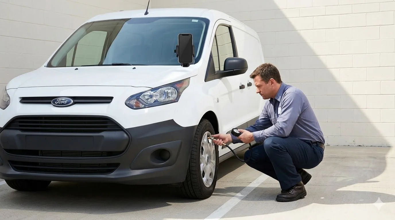 Checking van tire pressure for preventive maintenance to improve fleet efficiency