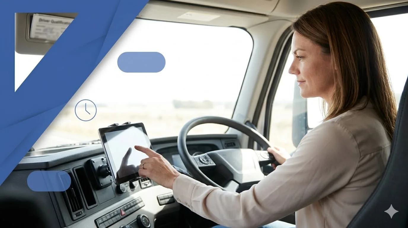 Truck driver using tablet for record keeping in the cab.