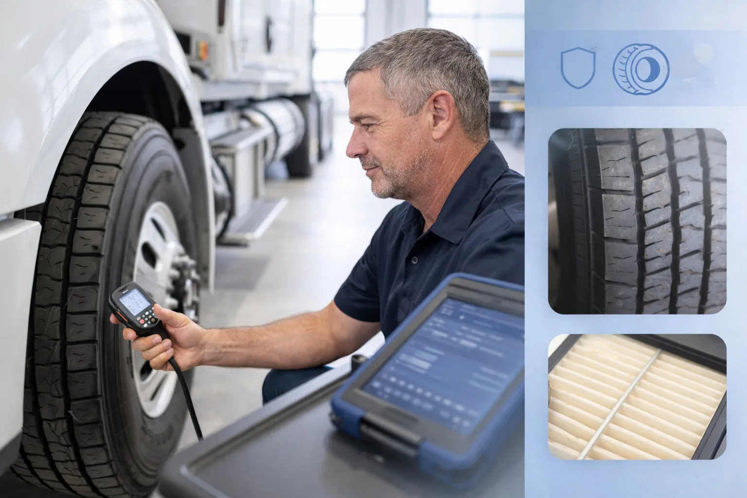 Technician checking tire pressure for preventive maintenance and fleet efficiency
