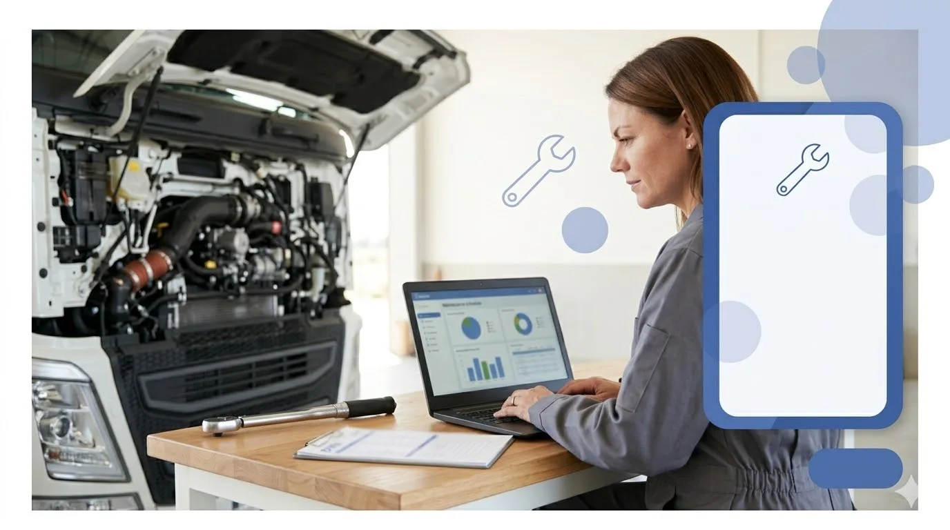 Woman working on laptop for record management near truck.