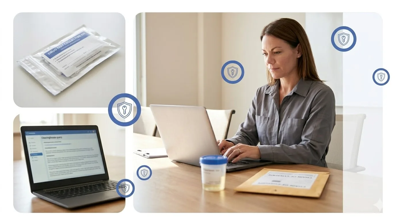 Woman handling drug test records on a laptop.
