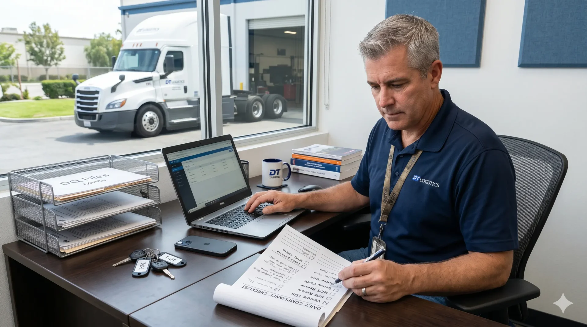 Worker reviewing driver qualification checklists at desk