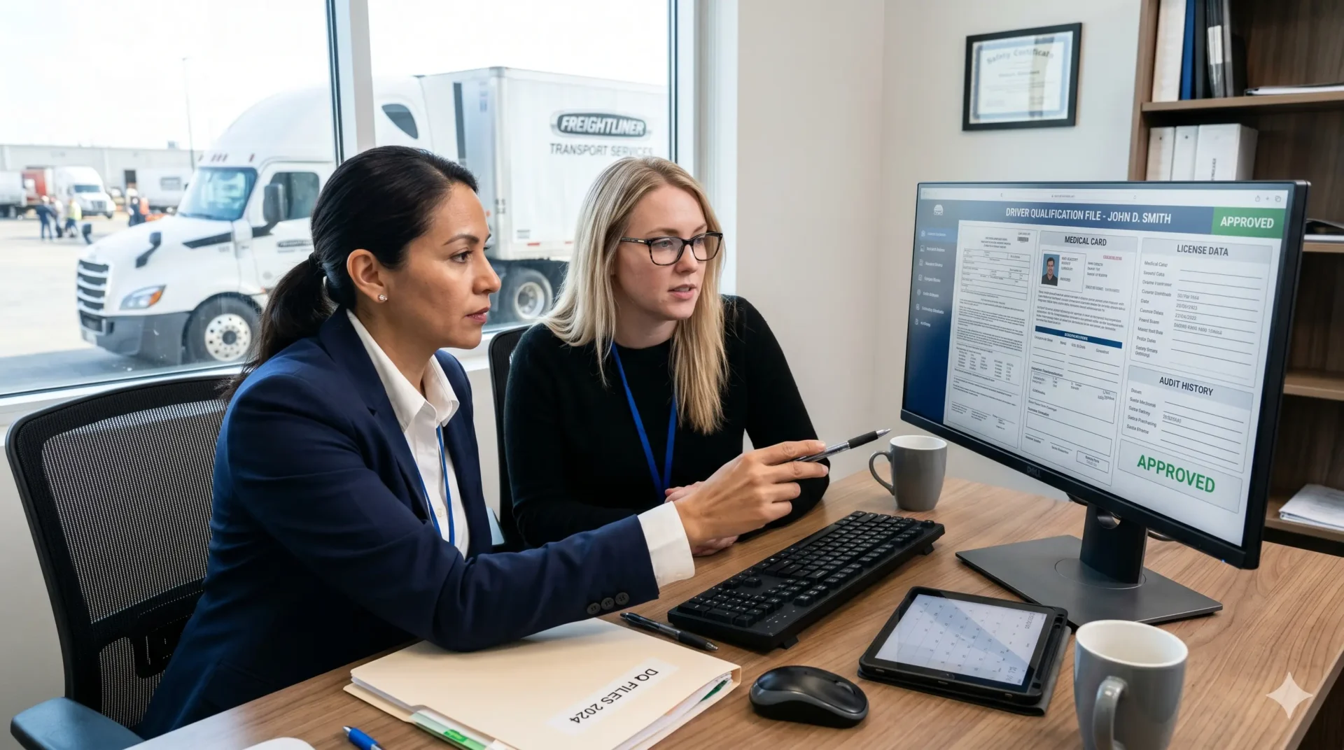 Office staff assessing driver qualification file on a monitor