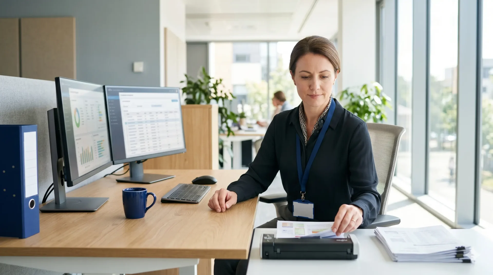 Office worker managing fleet compliance documents on screen
