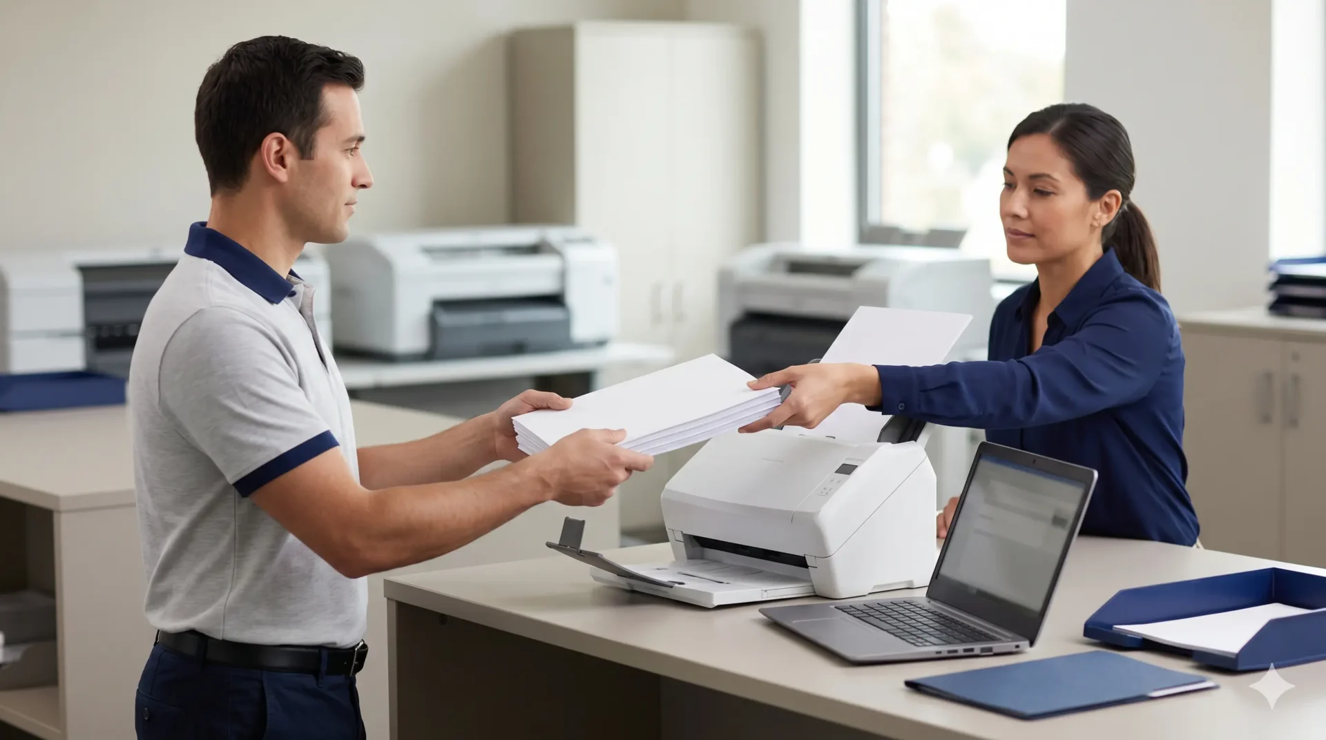Workers handling paper documents for fleet storage