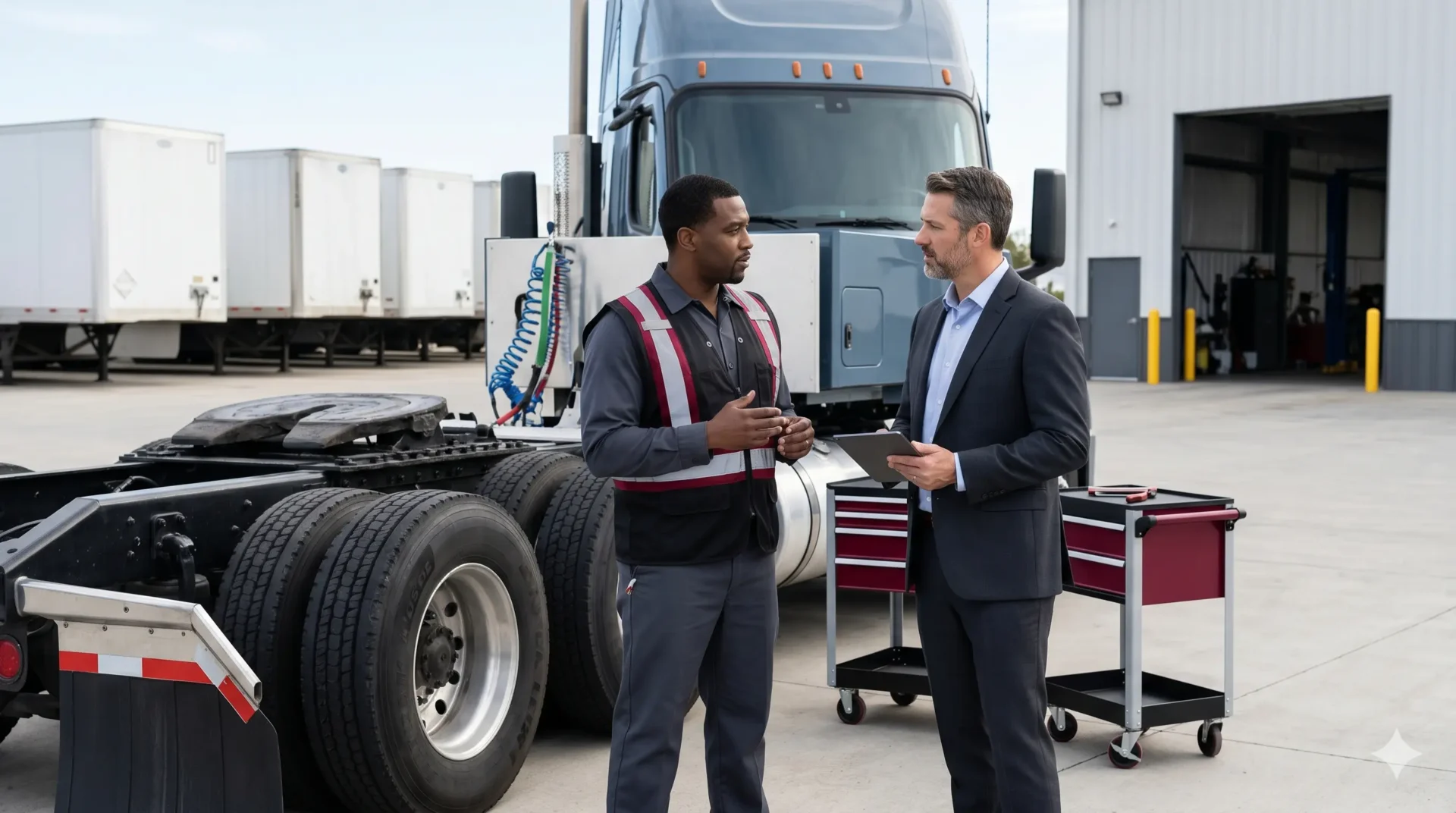 Managers evaluating vehicle maintenance software for fleet management