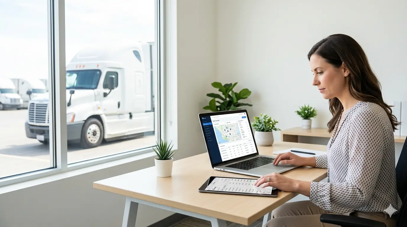 Woman analyzing logistics on laptop for toll fraud prevention