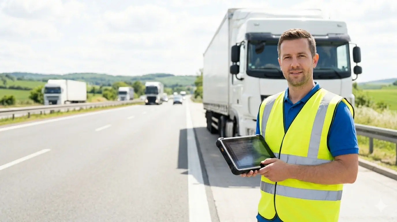 Truck driver using tablet for CSA score evaluation on the highway