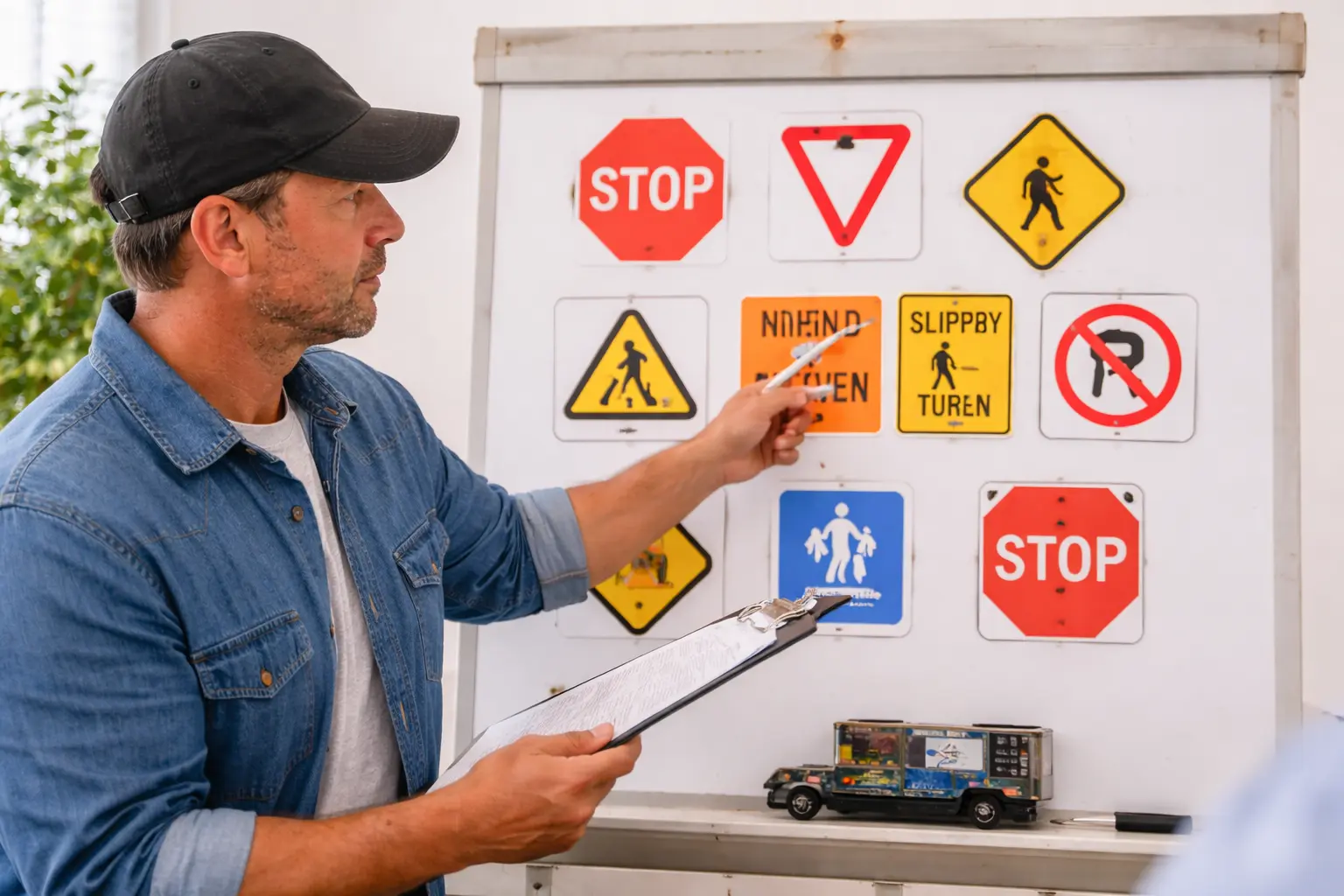 Truck driver reviewing road signs for compliance
