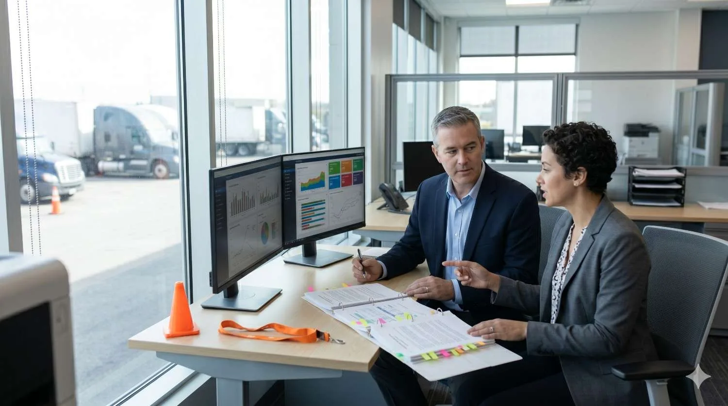 Colleagues discussing DOT audit checklist with computer screens in office