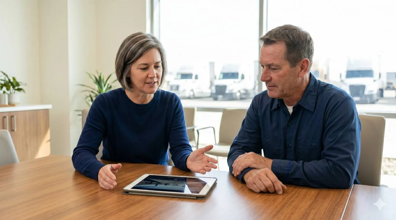 Two professionals engaged in fleet safety coaching with tablet