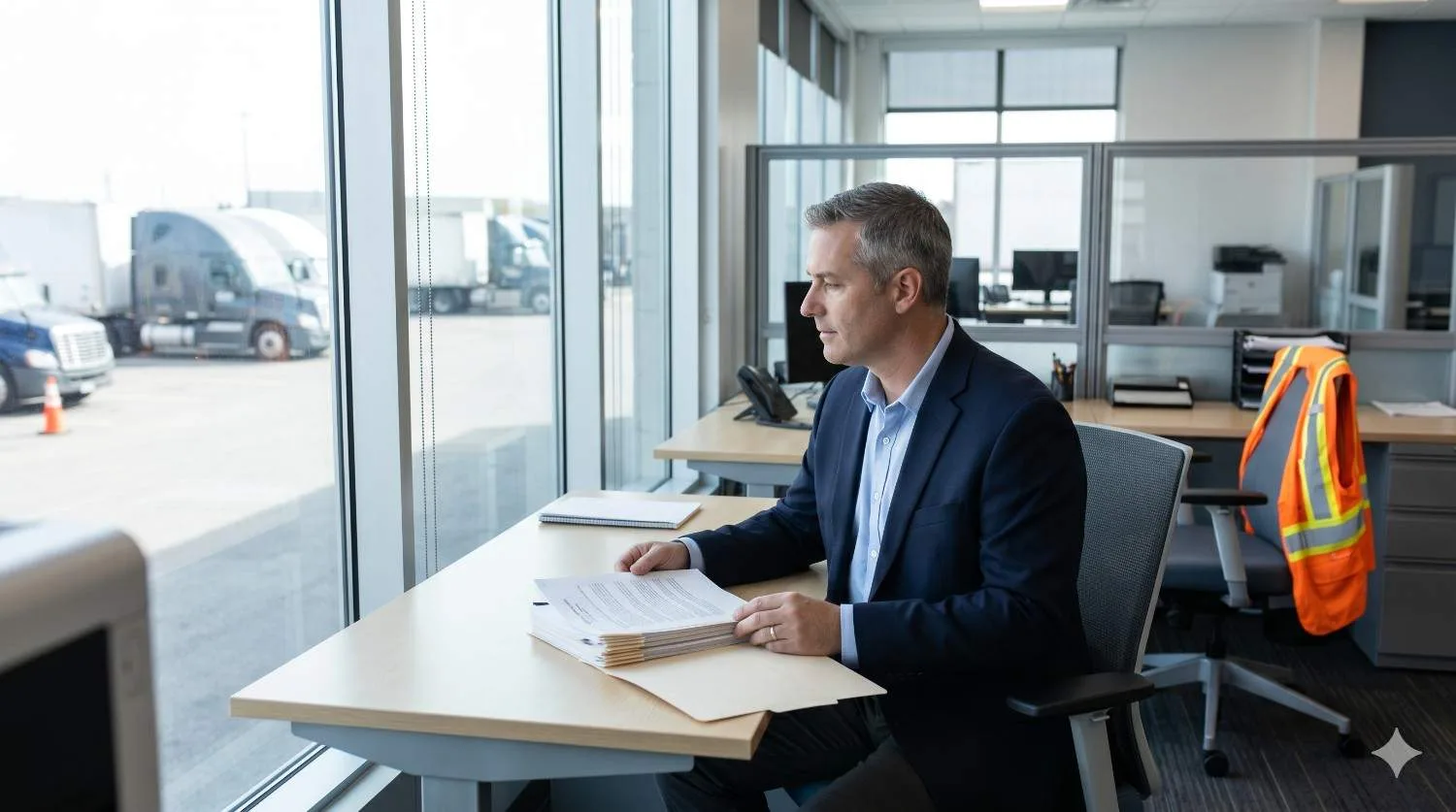 Office worker reviewing DOT audit documents with trucks outside