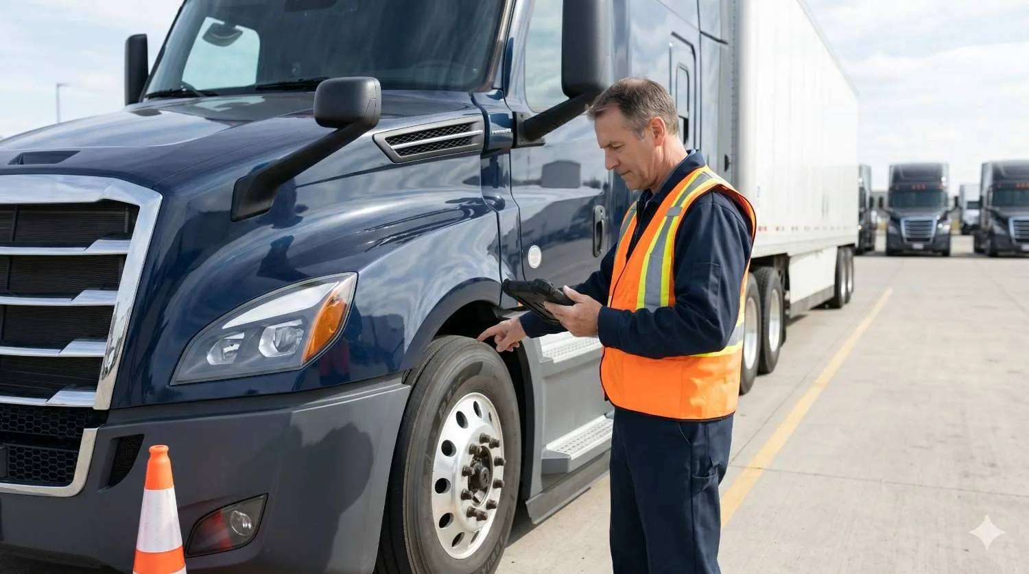 Man inspecting truck tire for DOT compliance audit