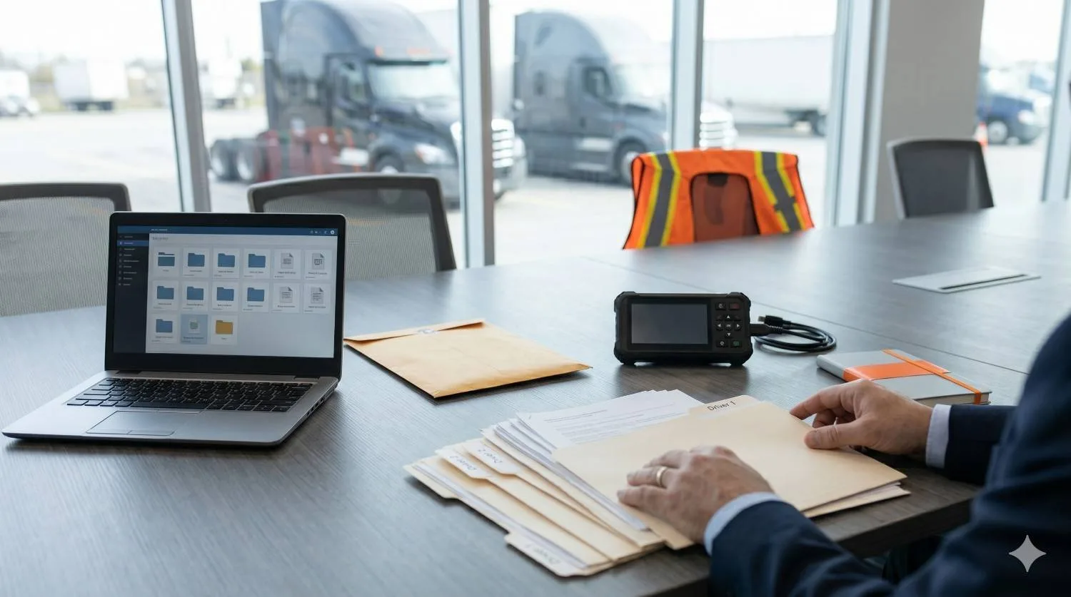 Office desk with DOT safety audit documents and a laptop