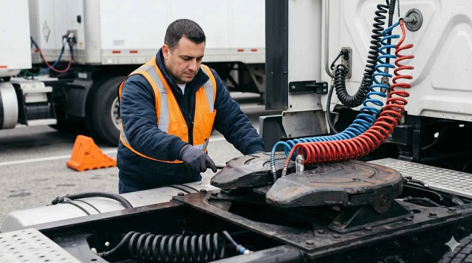 Driver inspecting coupling hardware during a pre-trip check