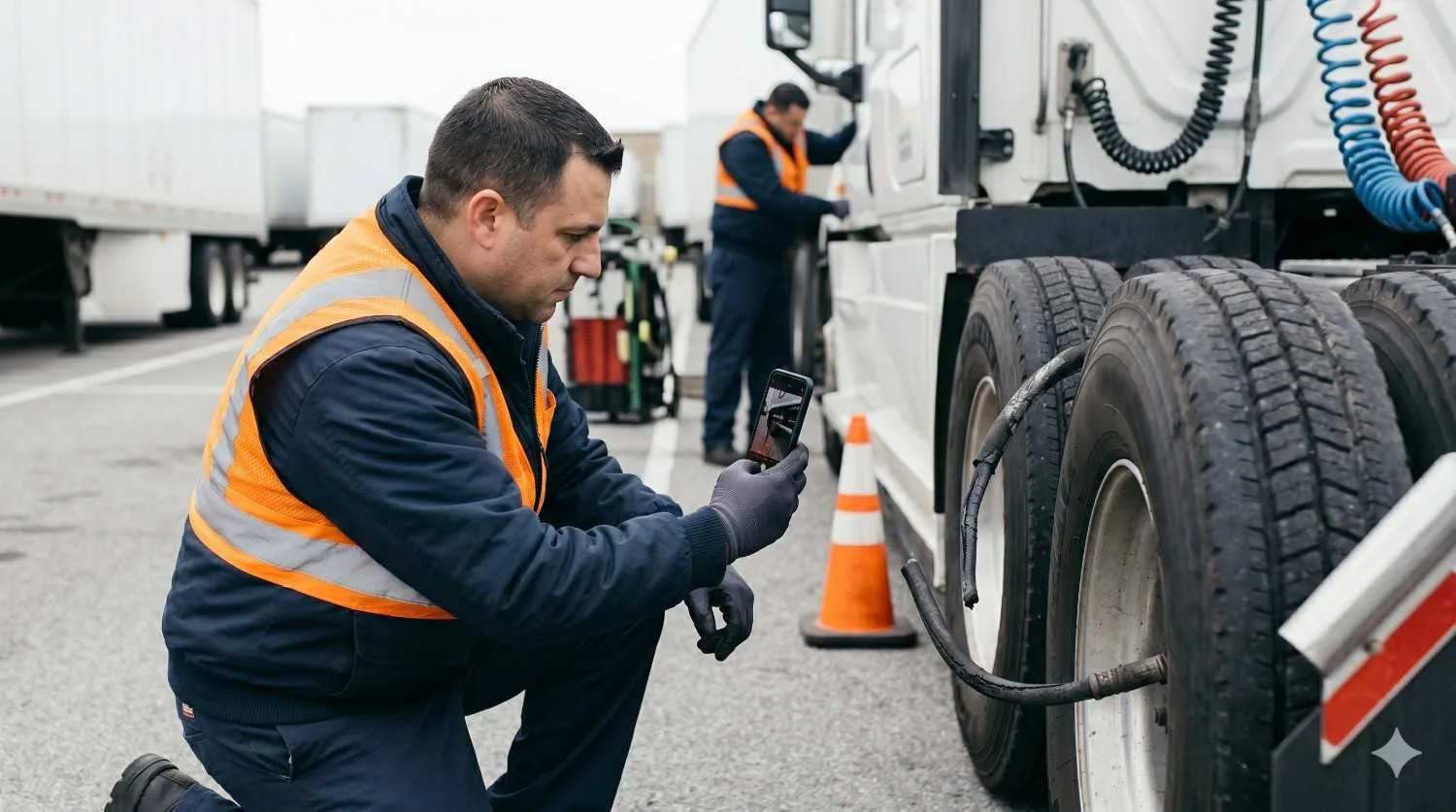 Truck driver documenting results of a pre-trip inspection
