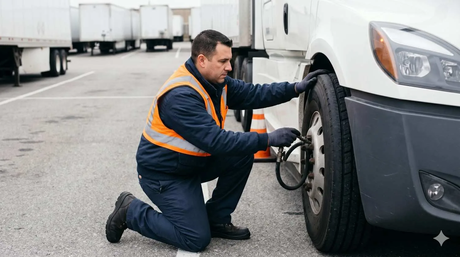 Truck driver checking tire during pre-trip inspection