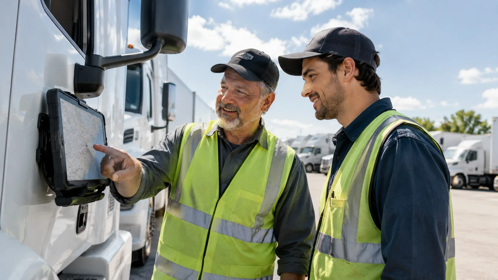 Experienced driver mentoring a new hire on route planning as part of a truck driver retention onboarding program