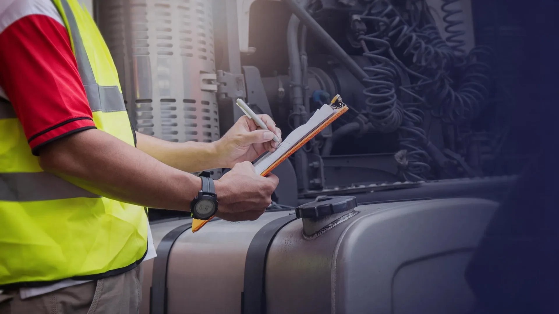 Inspector filling out checklist while auditing a truck